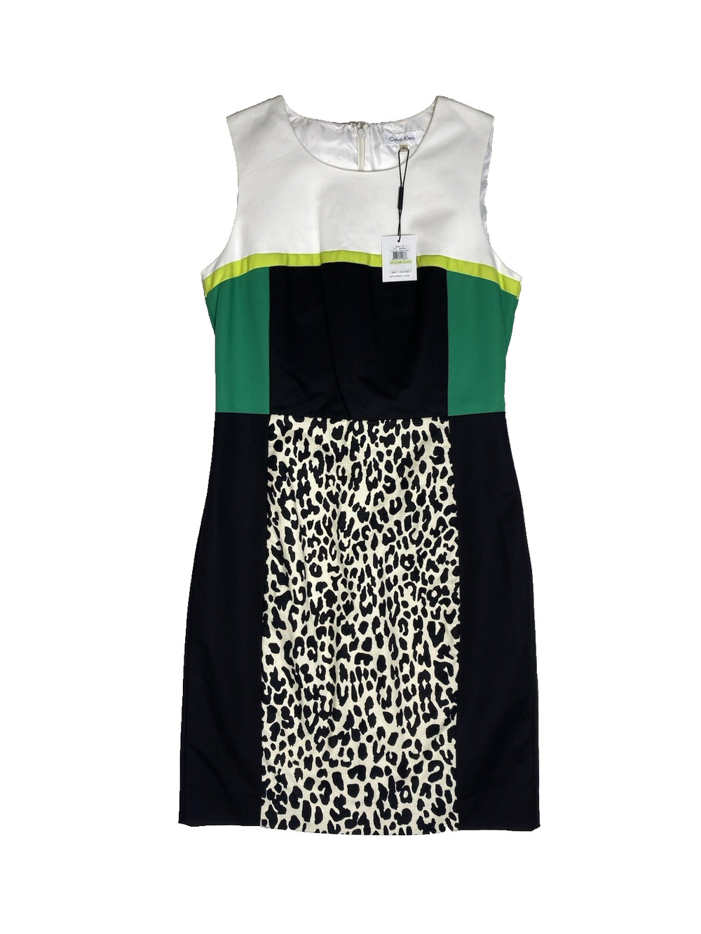 Calvin Klein Dress Size 4 NEW Leopard Green & White Sleeveless Office Sheath